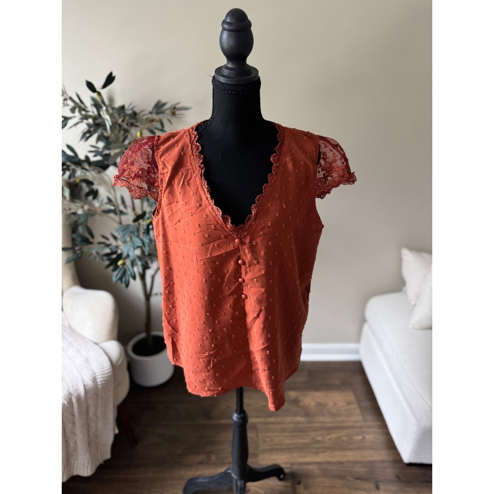 SHEIN Rust Orange Swiss Dot Lace Cap Sleeve V-Neck Blouse Large